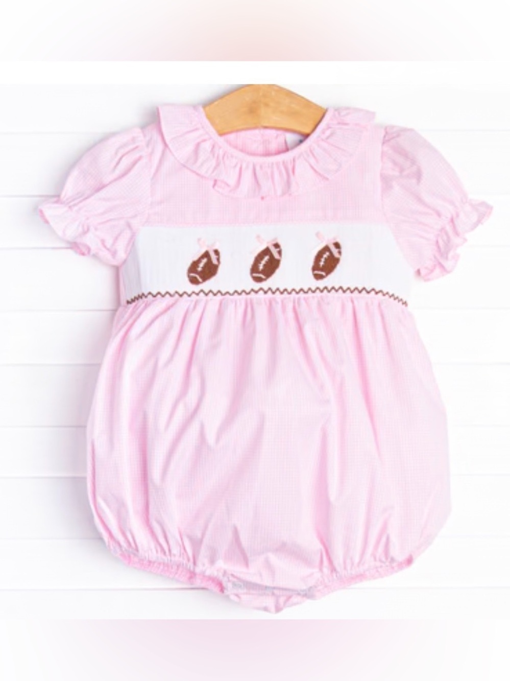 Stitchy Fish Pink Smocked Football Baby Girl Bubble